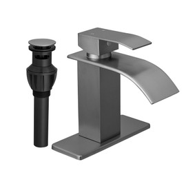 FRANSITON Black Waterfall Bathroom Faucet Lavatory Single Handle 1 or 3 Hole Bathroom Sink Faucet Washbasin Faucet with Deck and Pop-up Drain (Brushed Grey, Short)
