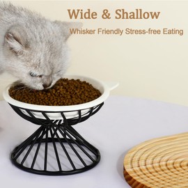 Elevated Cat Bowls,6.3" Wide Raised Ceramic Cat Food Bowl with Anti-Slip Metal Stand for Indoor Cats,Whisker Friendly,Protect Pet's Spine Pet Food Dishes for Flat Faced Cats and Kitten (White)