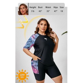 Halcurt Womens Sun Protection Short Sleeve Built in Bra 2 Piece Rashguard Swimsuit and Shorts Palm 1X