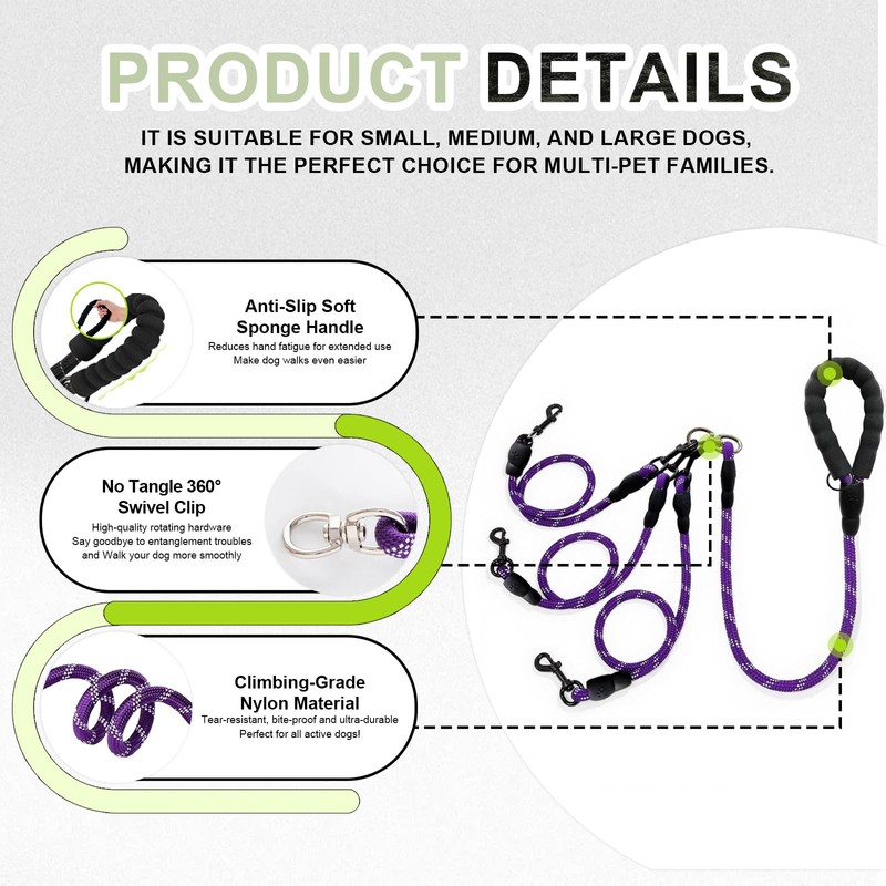 LEOSASA No-Tangle 3-Dog Leash - Main Lead Rope with Heavy-Duty