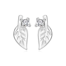 Sterling Silver Leaf Stud Earrings, S999 Silver, Crystal Accent, 4.5x8mm