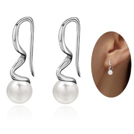 Pearl Threader Earrings for Women, 925 Sterling Silver Spiral Threader Earrings, Trendy Hypoallergenic Pull Through Drop Dangle Earrings Wedding Jewelry Gifts