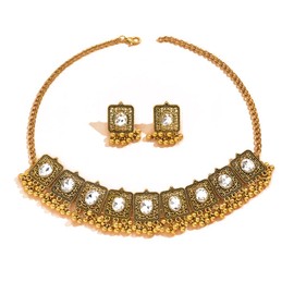 Vintage Ethnic Jewellery Set for Women Boho Cubic Zirconia Beads Dangle Earring Tassels Choker Necklace Crystal Wedding Party Oxidized Traditional Indian Bollywood Gift Daily Wear Birthday Bff (Clear)