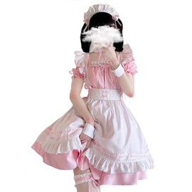 LISANEK Maid Outfit Anime Cosplay Lolita Maid Dress French Maid Costume Plush cat ear Socks set (S, Pink)