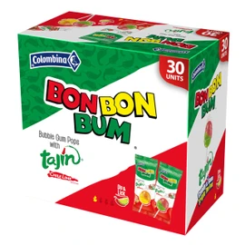 Colombina Bon Bon Bum Tropical Passion Fruit & Watermelon with Tajin Chile Lime Dip Dispenser, 30 Count (Pack of 1)