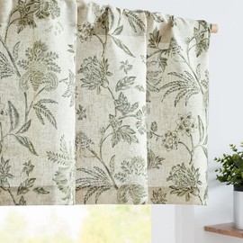 Vangao Linen Blend Valance Curtain Farmhouse Cottage Floral Small Window Curtain Light Filtering for Kitchen Rustic Valance for Living Room Bedroom Rod Pocket 1 Panel Green on Beige