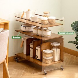 Acrylic End Table with Wheels, 3-Tier Clear Sofa Side Table Modern Coffee Table with Open Bamboo Storage Shelf, Rolling Storage Acrylic Cart Home Decor Nightstand for Living Room Bedroom (Tawny)