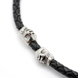[シルバーワン] ma ダブル スカル レザーチョーカー マグネット式 黒色 編み込み［5mm 46cm］ ステンレス ブラック メンズ