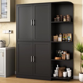 Loomie Kitchen Pantry Storage Cabinet, 64" Tall Freestanding Cupboard with Doors & Adjustable Shelves, Food Pantry Cabinet with 5-Tier External Shelf for Dining Room, Living Room (Black)