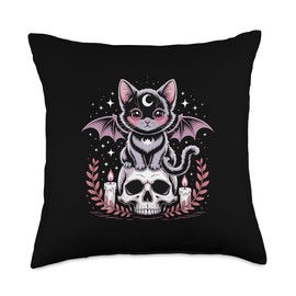 Cute Pink Bat Cat Sitting On Skull Skeleton Candles Design Throw Pillow