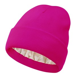 Durio Satin Lined Beanie for Women Soft Knit Silk Lined Beanie Hat for Women Men Warm Winter hat Hot Pink One Size