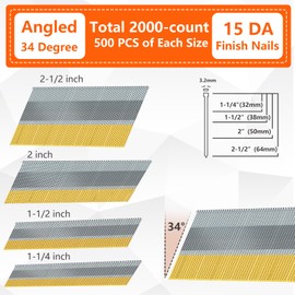 SITLDY 15 Gauge DA Angled Finish Nails, 34-Degree, 2000-Pack (2-1/2", 2", 1-1/2“, 1-1/4" 500 Per Sizes), Galvanized Assorted Size Project Pack, for Pneumatic, Electric Angled Finish Nailer