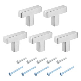 sourcing map 5 Pack Single Hole Cabinet Handles, 2"/50mm Square Bar Cabinet Knobs Stainless Steel Dresser Knobs t Bar Drawer Pulls for Cabinet Hardware, Silver