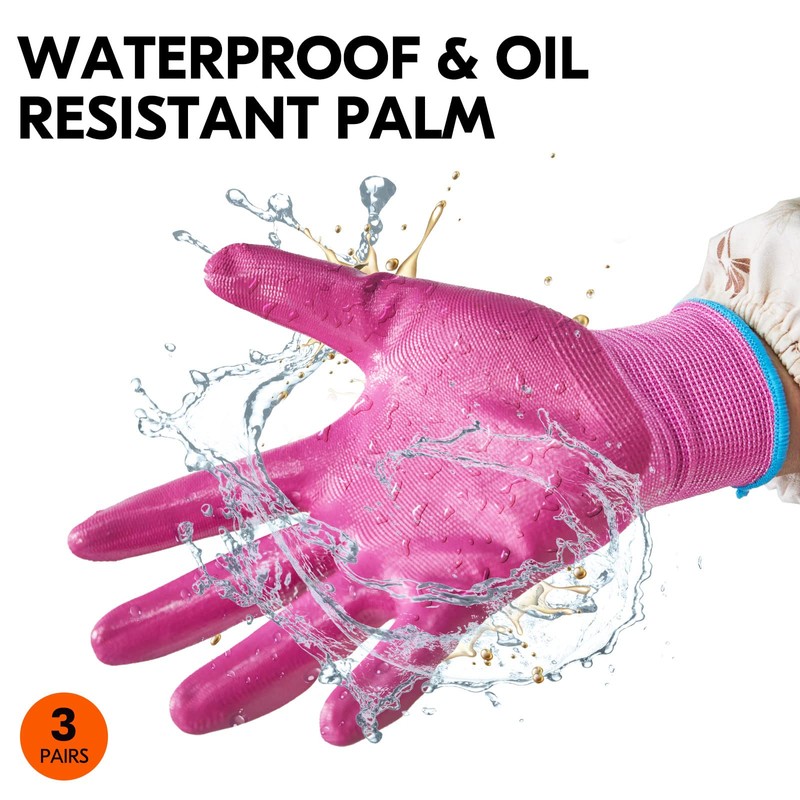 Vgo... 3Pairs Gardening Gloves Ladies,Safety Working Gloves,Non-Slip Nitrile coating,Dipping Gloves(NT2110)