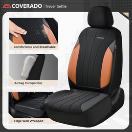 Coverado Seat Covers for Car 2 Seats, Leather Car Seat Covers Fullset, Breathable Mesh Front and Rear Protectors, Brown Luxury Automotive Covers, Universal Fit for SUV, Truck, Sedan