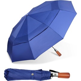 Satol 54 Inch Automatic Open Umbrella Large Compact Windproof Golf Umbrella for Rain Double Canopy Vented 10 Ribs Folding Travel Bumbershoot for Women Men-Blue