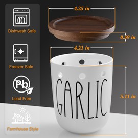 DAYYET Large Garlic Keeper for Counter, Ceramic Garlic Keeper with Acacia Wood Lid, Garlic Holder Storage Container, Garlic Saver for Kitchen, Farmhouse Kitchen Decor and Accesorries, White
