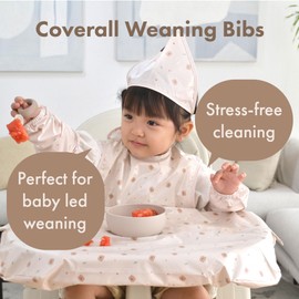 LoLaBi Coverall Long Sleeve Baby Weaning Bib with Zipper (Giraffe, White) for highchair, waterproof toddler feeding bibs compatible with suction dishware