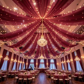 6 Panels Burgundy Ceiling Drapes with Lights for Weddings Ceiling Drapes 5ftx10ft Wedding Draping Fabric Sheer Curtains Tulle Drapery Wedding Decorations for Home Party Ceremony Stage Swag