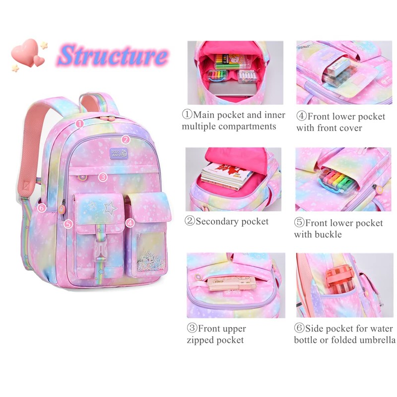 Girls Preschool Backpacks Gradient Heart-Star, Elementary School Bags for Girls,