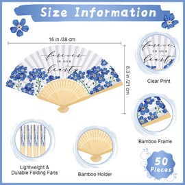 Threehoney 50 Pcs Funeral Memorial Favors Fans Forever in Our Hearts Folding Fan Celebration of Life Handheld Fans Paper Funeral for Guest Condolence Sympathy Gift(Indigo,Forget Me Not)