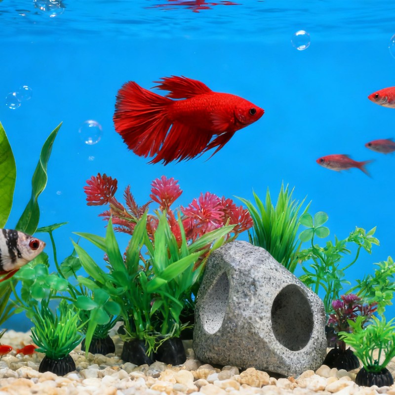 ZHABAYEN 10PCS Fish Tank Decorations Aquarium Plants with Ceramic Cave