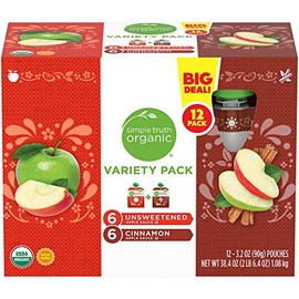 Simple Truth Organic Applesauce Pouches Variety Pack (6 Unsweetened & 6 Cinnamon) 12 Ct (Pack of 2)