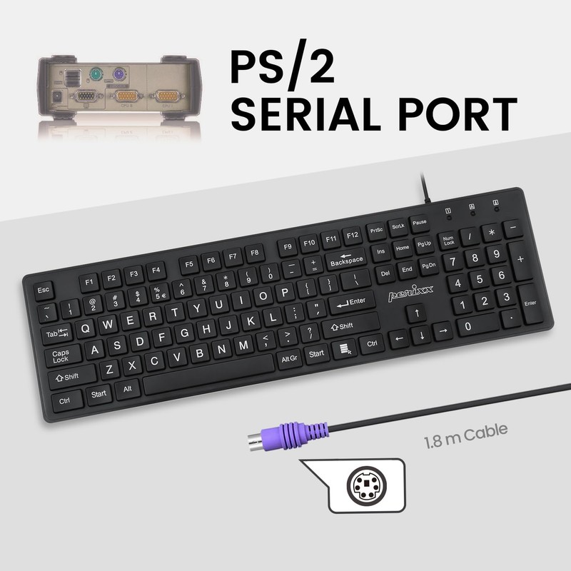 Perixx PERIBOARD-117P Wired PS2 Full Size Keyboard - Big Print