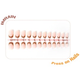IMRAIN Short Press on Nails Square Fake Nails Leopard Print French Tips Glue on Nails Full Cover Nude Matte Artificial Squoval False Nails for Women Girls 24Pcs