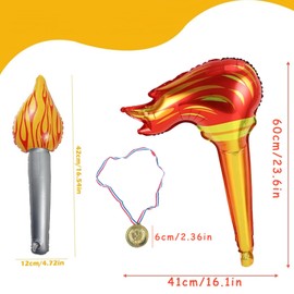 SSKHE Inflatable Torch medal OLM Party Decorations Set with 4PCS Inflatable Party Props Torch and 6PCS Gold Silver Bronze Plastic Medals Fun Inflatable Torchs for Kids Competitions Themed Party Game