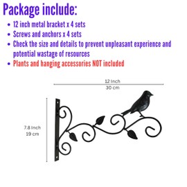 LaLaGreen Outdoor Hanging Brackets (4 pack, 12 Inch) Black Metal Wall Mounted Bracket for Bird Feeder Hanging Flower Baskets, Decorative Hanger Lanterns, Wind Chimes Modern Garden Home Decors Design A