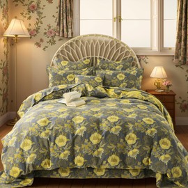 FADFAY Floral Duvet Cover Set Queen Vintage Grey Yellow Peony Floral Bedding Super Soft Washed Double -Layer Muslin Sheets 100% Cotton Comforter Cover with Hidden Zipper Closure 3Pcs, Queen Size
