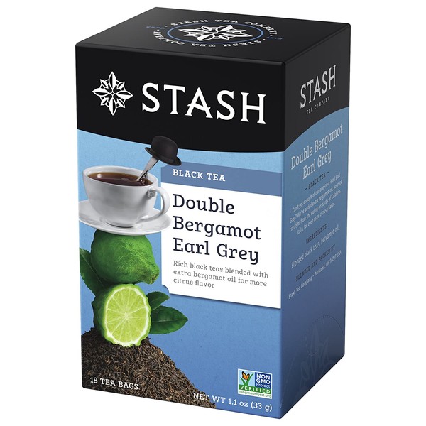 Stash Tea Double Bergamot Earl Grey Tea 18 Count Box of Tea Bags Individually Wrapped in Foil (Pack of 6), Full Caffeine Tea, Black Tea with Bergamot, Enjoy Hot or Iced