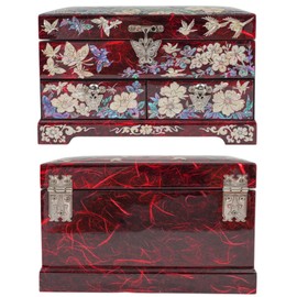 February Mountain Korean Mother of Pearl Jewelry Box – 2-Drawer Keepsake Box with Mirror, Traditional Oriental Trinket Organizer – Gift for Women, Mom, Wife, Anniversary (Floral Peony - Red)