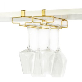 Voyzdx Rack De Copas De Vino,Estante Para Copas De Vino 2 Ranuras,Soportes para Copas de Vino,Organizador Mantener los Vasos Secos Debajo del Gabinete para Bar Restaurante Cocina, Dorado