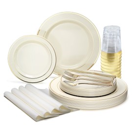 " OCCASIONS " 320pcs set (40 Guests)-Heavyweight Wedding Party Disposable Plastic Plate Set -40 x 10.5'' + 40 x 7.5'' + Silverware + Cups +linen like paper Napkins (Ivory & Gold Rim)