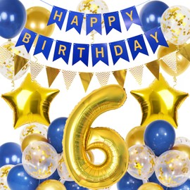 6th Birthday Decorations Boy Girl, Gold and Blue 6 Year Old Birthday Decorations with Happy Birthday Banner, Triangle Flags, 40In Number 6 Foil Birthday Balloons, Star Balloons and 18Pcs 12In Balloons