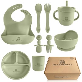Wee Bambinos Silicone baby feeding set, 10 pcs baby silicone feeding set, baby plates and bowls set, baby led weaning set, baby plates and utensils set, baby eating set, platos para bebes (Green)