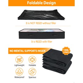 mepure 100L Underbed Storage Boxes, 17CM Tall Extra Large Under Bed Clothes Storage Dorm Room For Blankets Winter Clothing Shoes, Thick Fabric Zippered Flat Storage Bags With Clear Lid, Black, 2 Packs