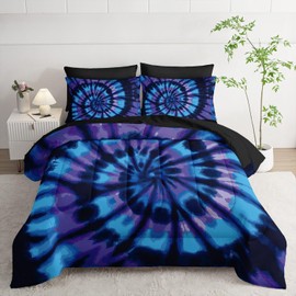 Smell Sunshine 7pcs Tie Dye Comforter Set Blue Spiral Printed Bedding Set with 1 Comforter, 1 Flat Sheet, 1 Fitted Sheet and 4 Pillowcases for Boys and Girls Bedroom (Spiral Twin