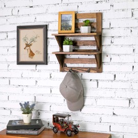 MyGift Wall Mounted Dark Brown Wood 2-Tier Floating Shelf Rack with 2 Key Hooks