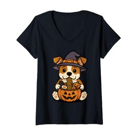 Womens Spooky Jack Russell Terrier Pumpkin Japanese Ramen Noodles V-Neck T-Shirt