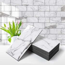 Vamos Tile 100-Piece Glossy Statury White Peel and Stick Backsplash Tile,3''x6'' PVC Subway Tile with Dark Gray Grout, Stick on Backsplash for Kitchen/Bathroom/Fireplace