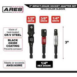 ARES 22011-3-Piece 3-Inch Impact Grade Socket Adapter Set with Color Sleeve - Turns Power Drill into High Speed Nut Driver - 1/4-Inch, 3/8-Inch, and 1/2-Inch Drive