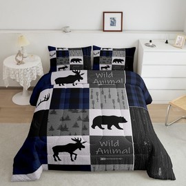Full Size Bear Print Bedding Set Boys Girls Wild Animal Comforter Set for Kids Women Men Soft Rustic Cabin Country Comforter Blue Grey Duvet Set Room Decor Quilt Boys