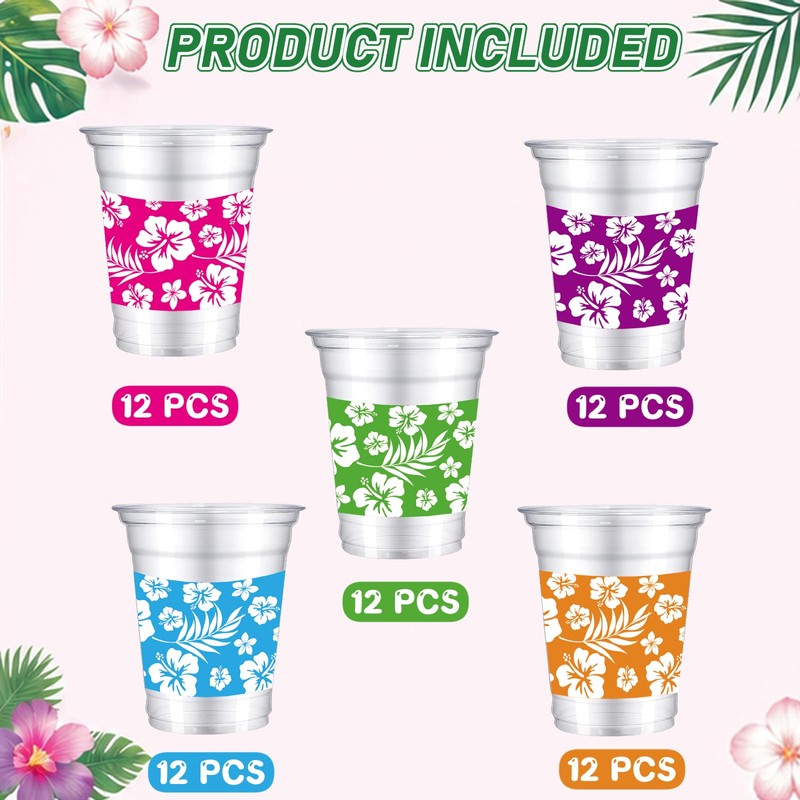 ANYMONYPF 60 PCS Hawaii Luau Plastic Cups 12oz Tropical Hibiscus