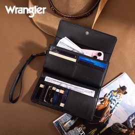Montana West X Wrangler Tooling Women's Wallet Black Western Wallets for Women Wristlet Wallets, Card Cases & Money Organizers Large Capacity Cell Phone Wallet with Coin Purse