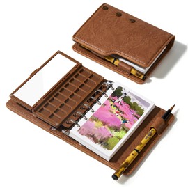 Lightwish Watercolor Sketch Book Set, Pocket Size, Approx. 5.1 x 3.0 inches (13 x 7.5 cm), 100% Cotton, Cold Press, Medium Grain, 20 Pieces, Palette and Water Brush Included, For Travel, Outdoor