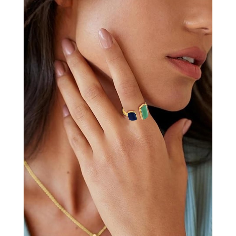 Aliyoham 14K Gold Plated Adjustable Enamel Ring for Women, Asymmetrical