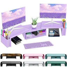 Spacrea Metal Desk Organizers and Accessories, Dual Monitor Stand Riser with Drawer and 2 Pen Holders, Desk Accessories & Workspace Desktop Organizers for Office Supplies (Purple)